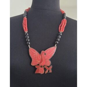 Lee Sands Vintage Necklace Beaded Tropical Bird Phoenix Pendant Inlay Gold Gilt